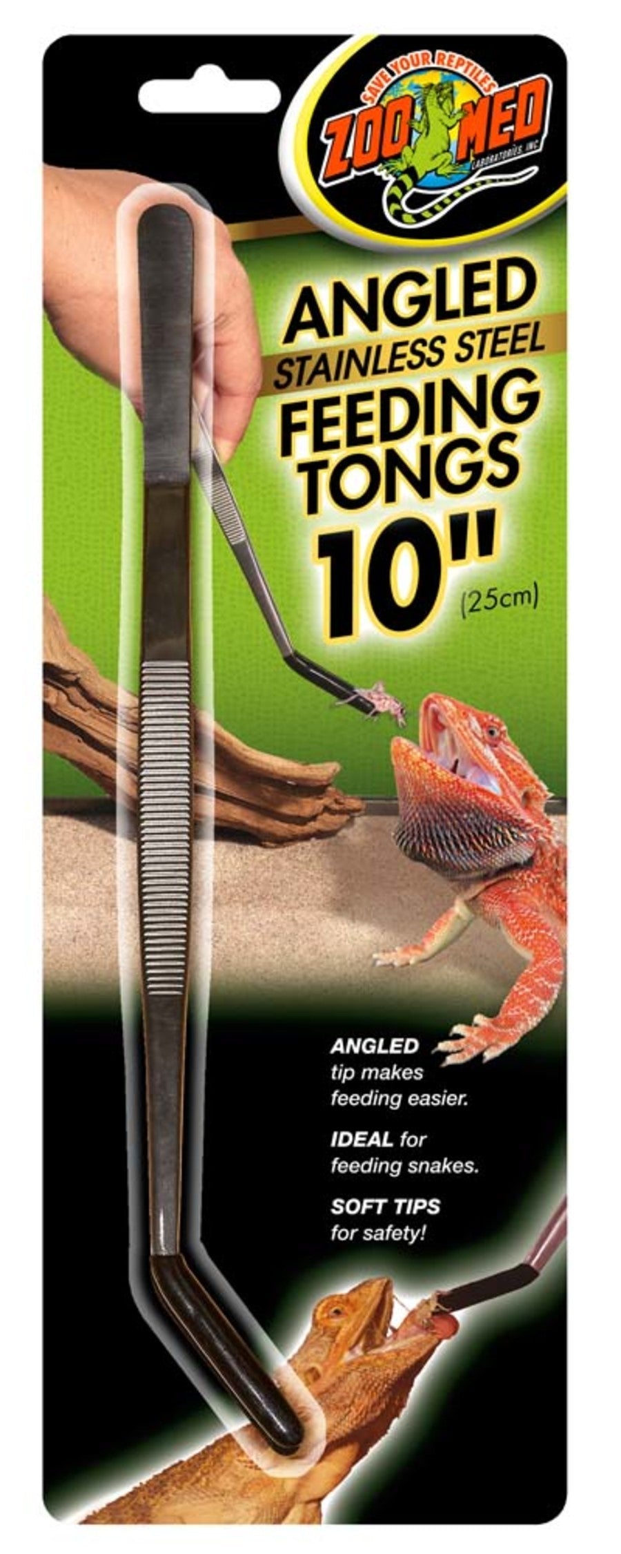 Zoo Med angled stainless steel reptile feeding tongs — 10 in